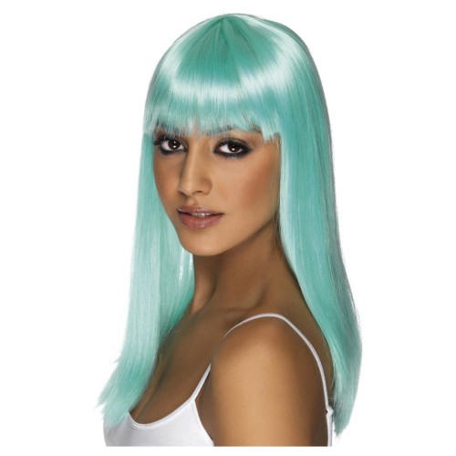 Wig with a bang, long, neon light blue