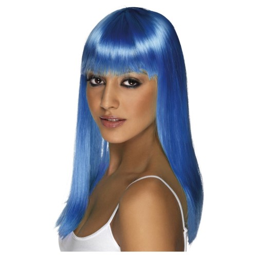 Wig with a bang, long, neon blue