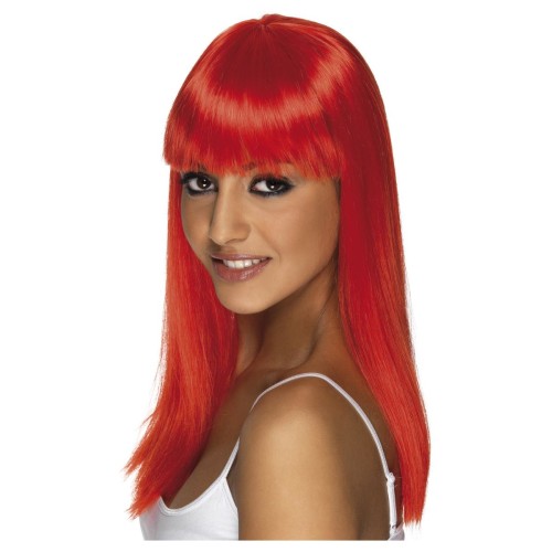 Wig with a bang, long, neon red