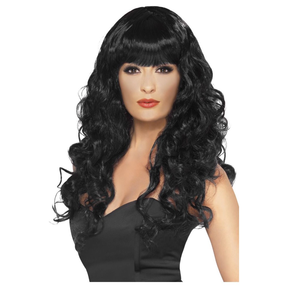 Black wig with fringe, with curls, long