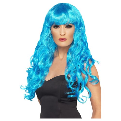 Blue wig with fringe, with curls, long