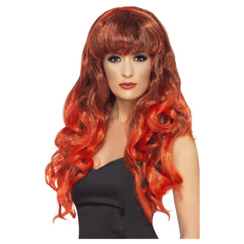 Red-black wig with fringe, with curls, long