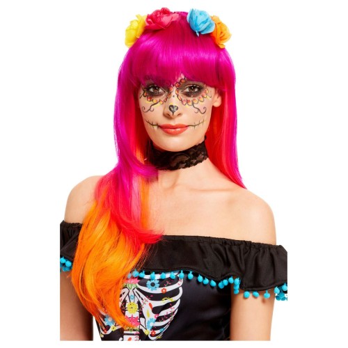 Pink-orange wig, day of the dead, with flowers, long