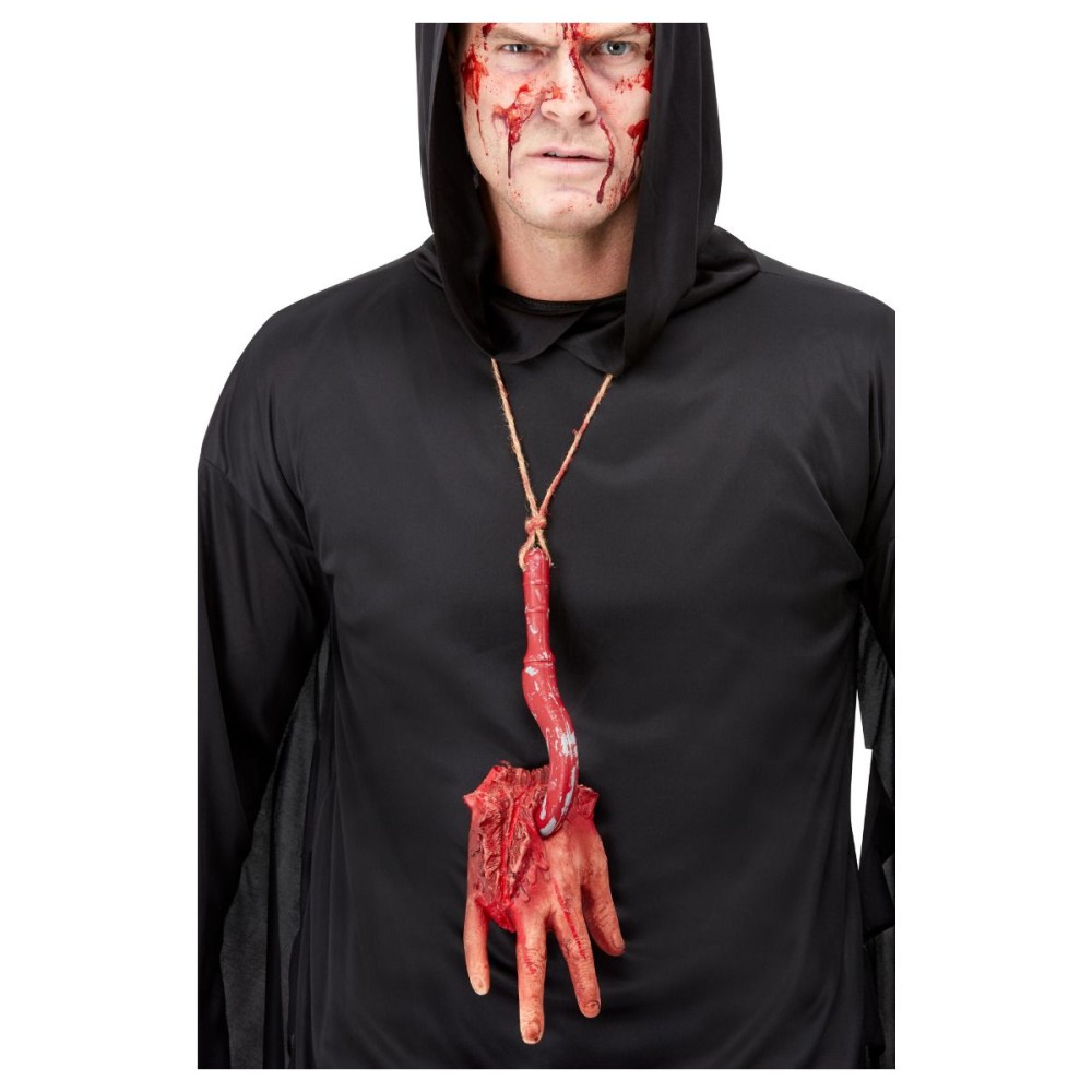 A necklace with a severed hand, on a hook