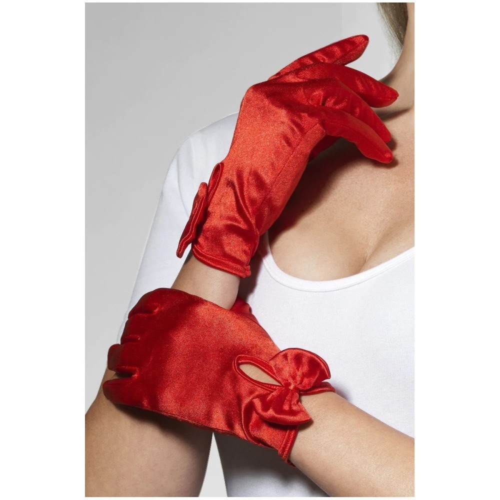 Gloves, short, with a tie, shiny, red